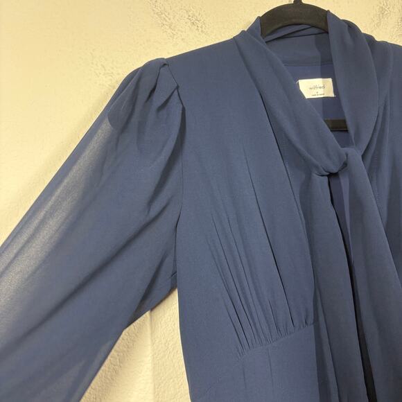 Wilfred 6 Mambo Chiffon Maxi Dress Navy Necktie Button Down Puff Long Sleeves - Picture 3 of 11